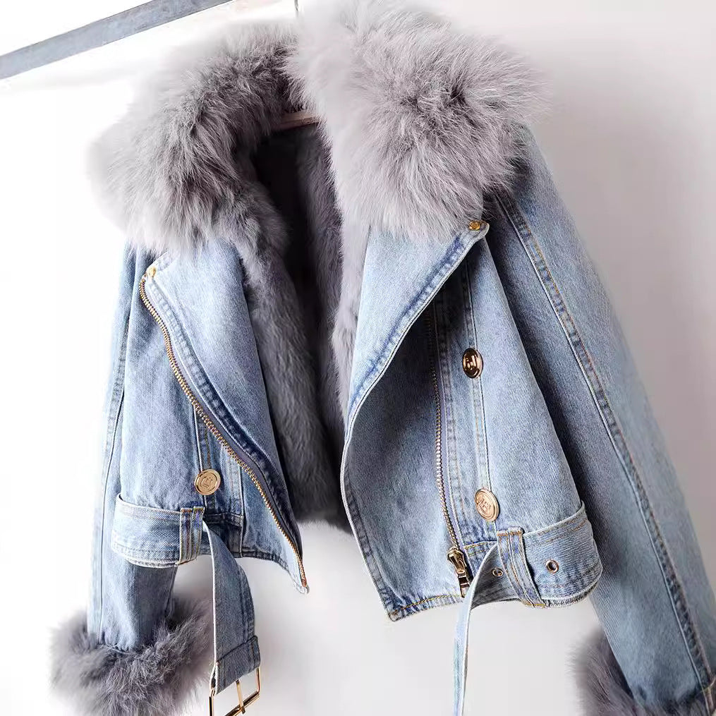 ANAÏS – Veste en denim avec col en fourrure de renard